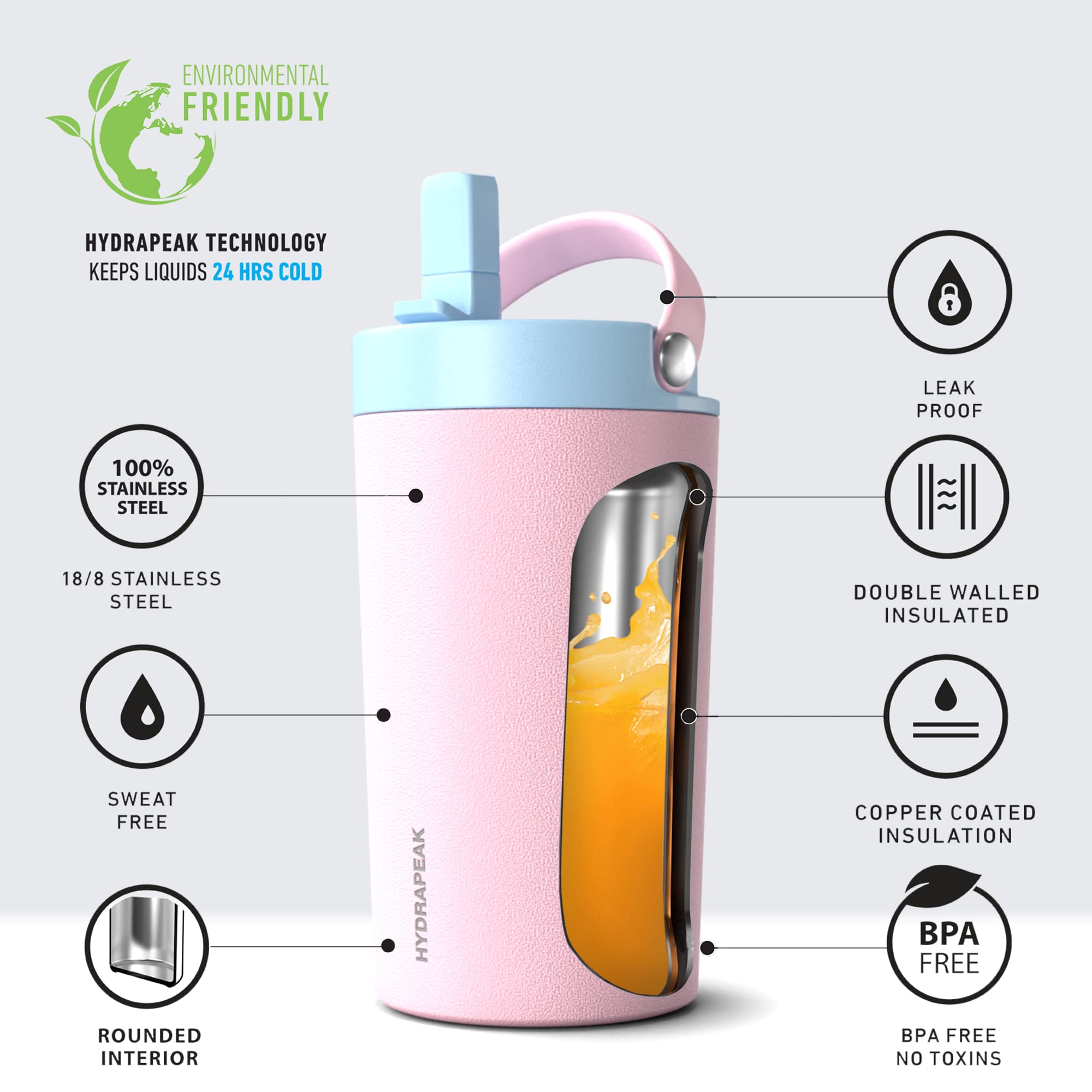 Hydrapeak Junior 14oz Insulated Kids Water Bottle - Blush/Cloud, Soft Two-Tone Straw Lid