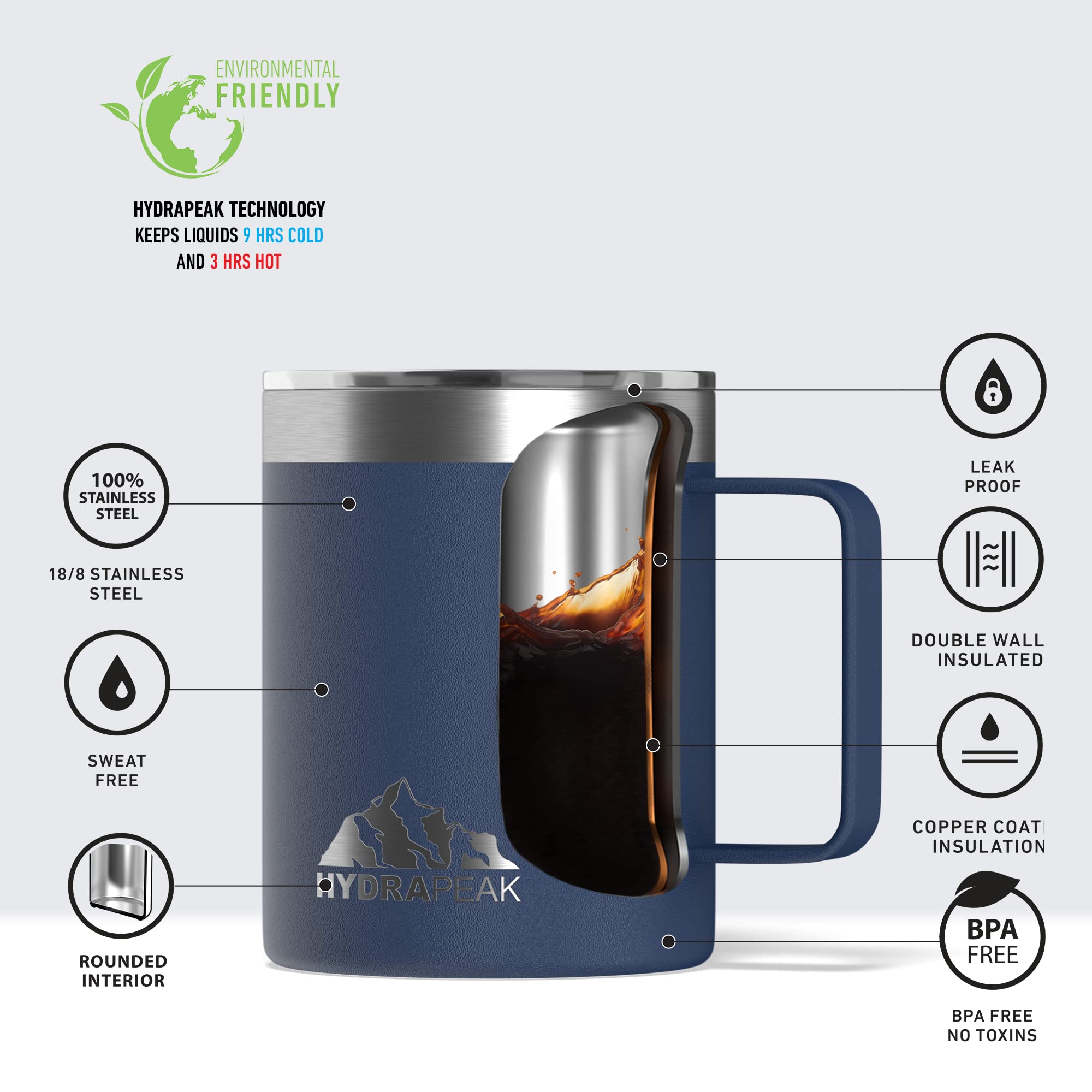 Hydrapeak 14oz Insulated Travel Mug with Splash-Proof Lid - Stainless Steel, Double-Walled with Handle, Cobalt