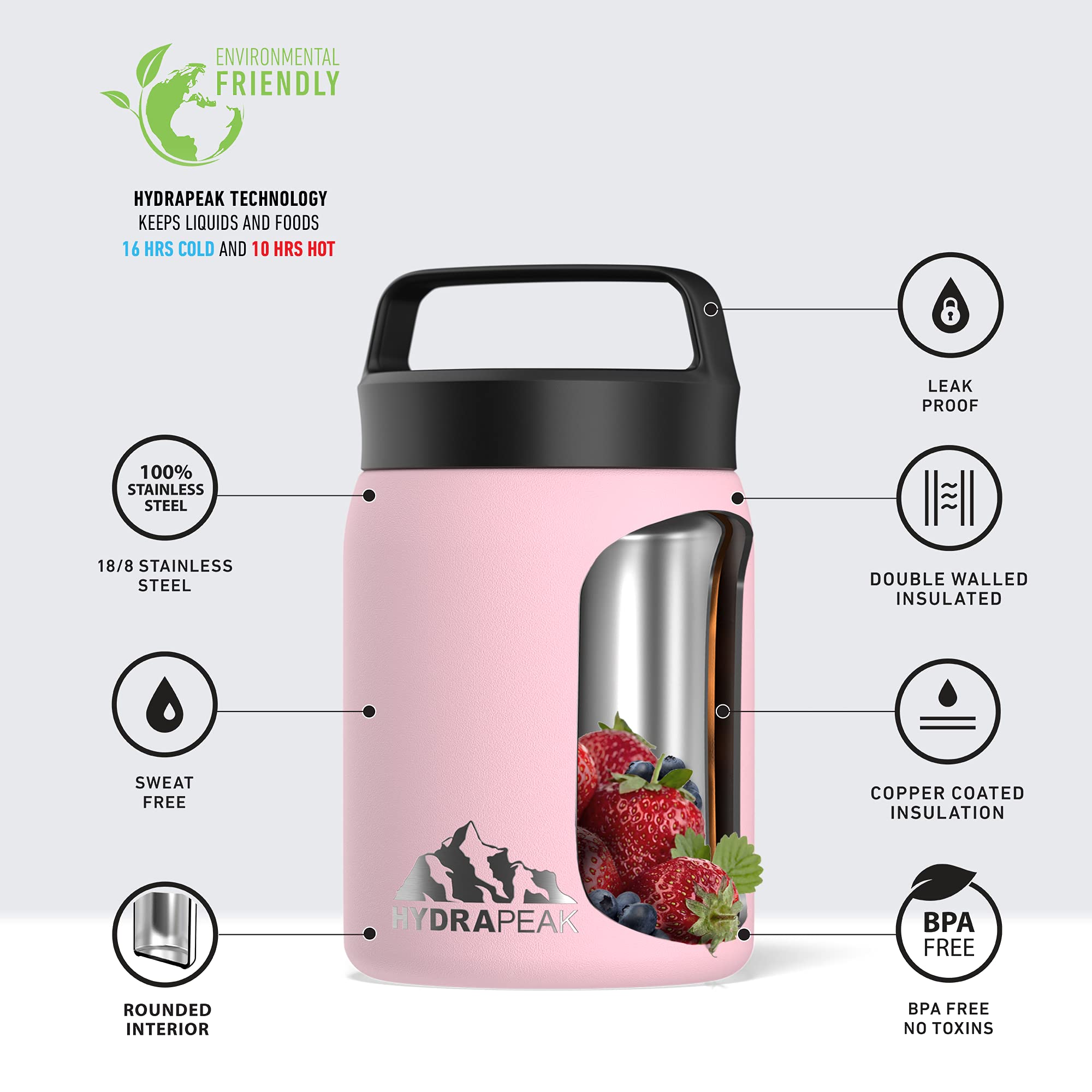 Hydrapeak 18 oz Insulated Food Jar - Hot and Cold Vacuum Insulated Stainless Steel Soup Jar with Leak-Proof Lid