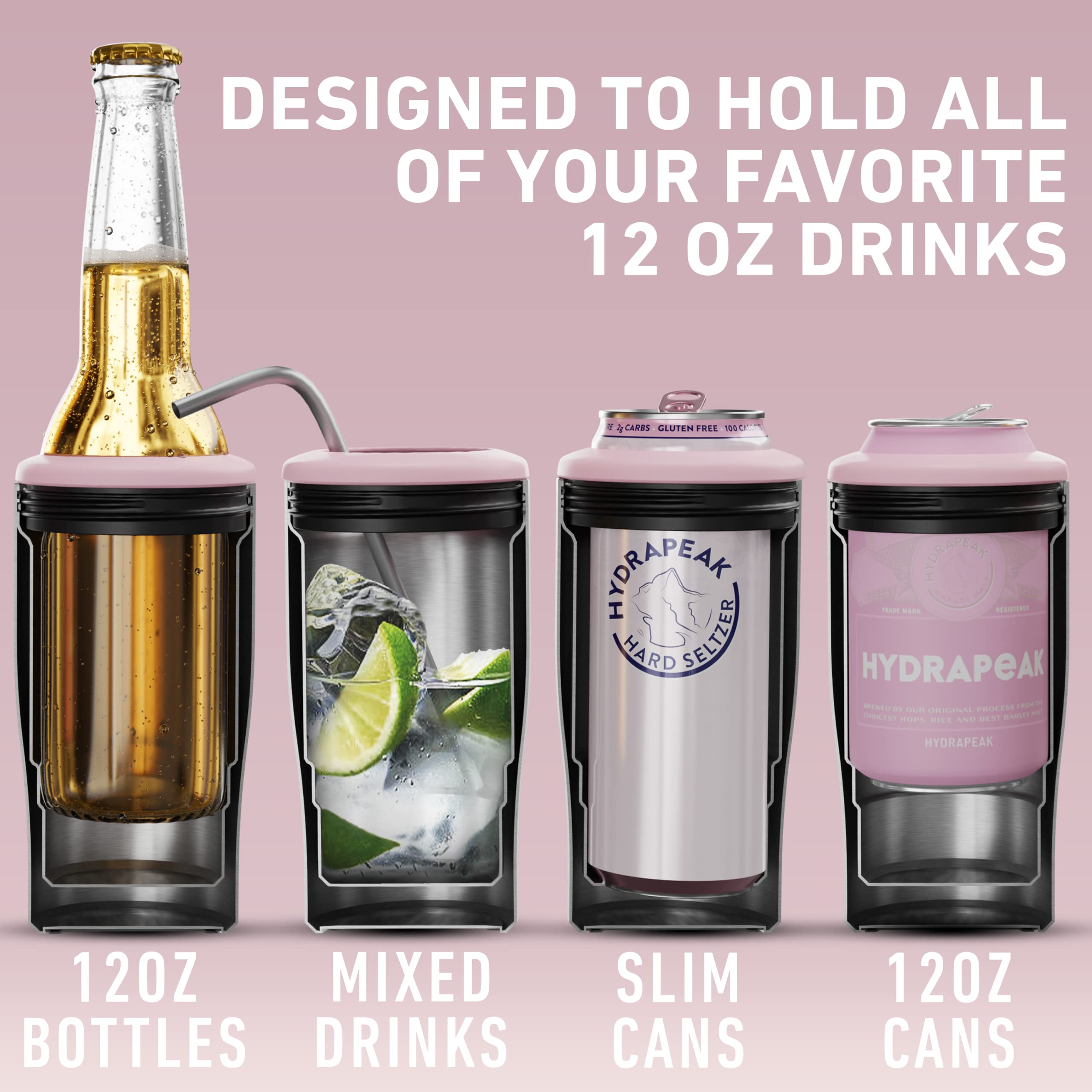 Hydrapeak 4-in-1 Insulated Can Cooler - Pink Marble, Fits 12 oz Slim & Standard Cans and Bottles