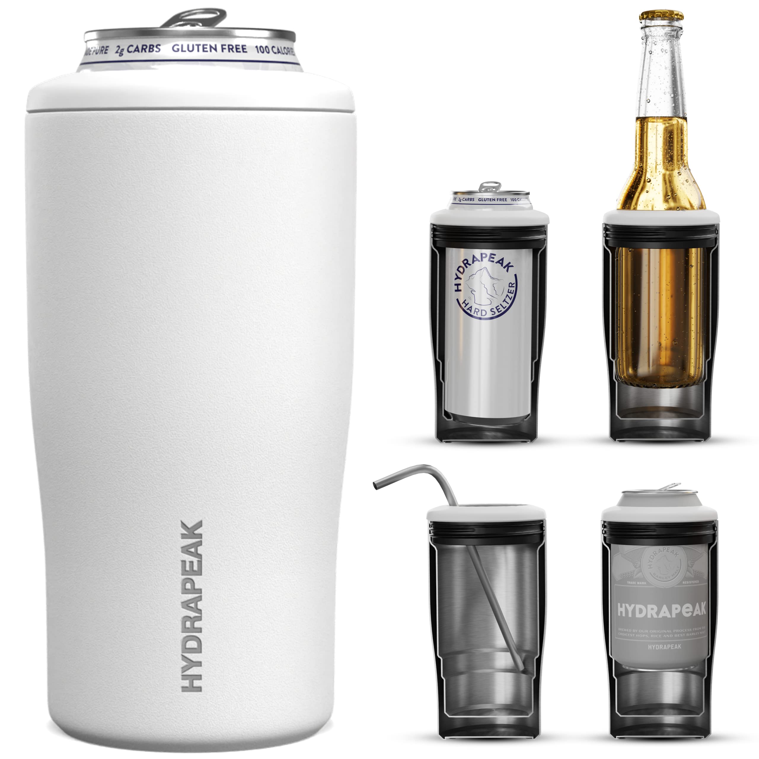 Hydrapeak 4-in-1 Insulated Can Cooler - White, Fits 12 oz Slim & Standard Cans and Bottles